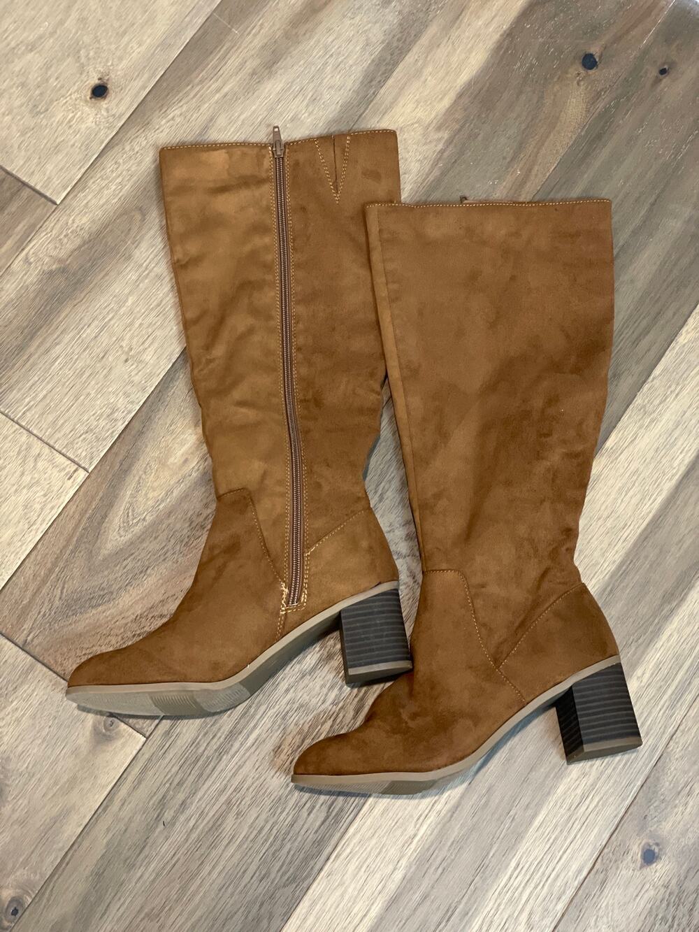 Faux Suede Brown High Boots Chunky Heel Size 8.5 NWT Made For Target